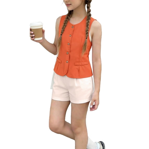 7 Year Old Girl Clothes Sets Girls Summer Outfit Sets Children's Summer Button Vest with Pockets Waistcoat Top and Shorts Two-Piece Set for Kids(8-12 Years)