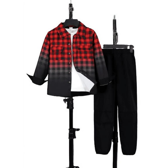 7 Years Big Boys Outfits 8 Years Kid Boys 2PCS Fall Winter Clothing Long Sleeve Plaid Gradient Top Jogger Pants Set Red and Black