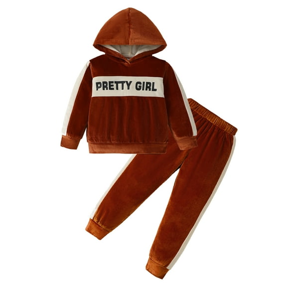 7 Years Big Girls Clothes 8 Years Girls 2PCS Fall Winter Outfits Set Letter Print Solid Color Big Girls Long Sleeve Hoodie Top Pants Set Brown