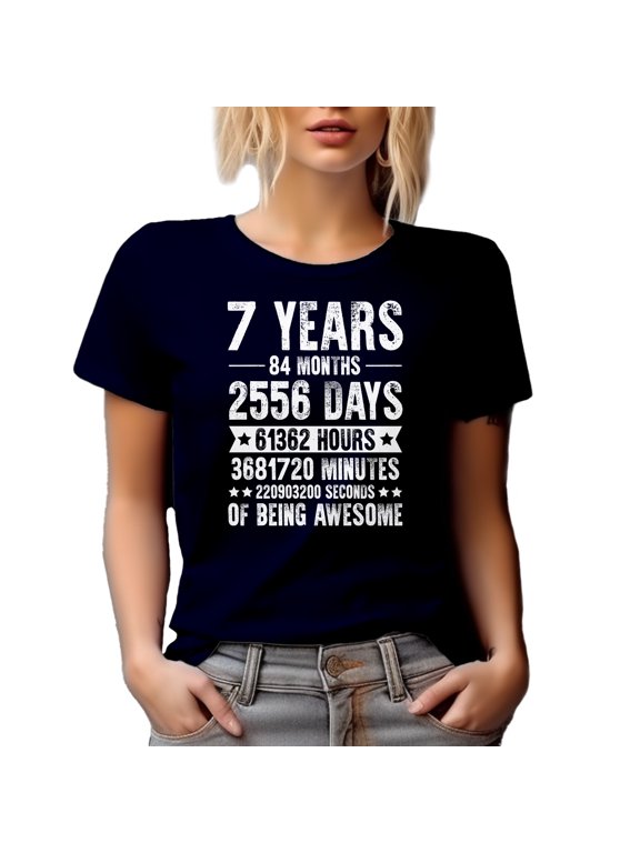 7 Years of Being Awesome - Months, Days, Hours, Minutes, Seconds, Navy Blue T-Shirt, Small