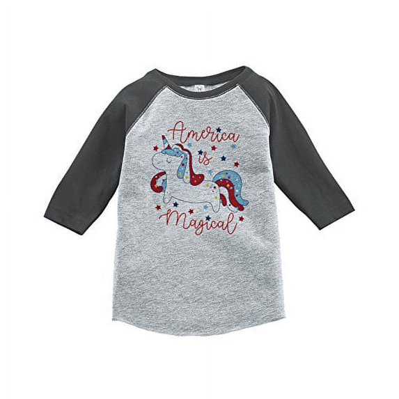 7 ate 9 Apparel Girl's 4th of July Unicorn Grey Baseball Tee
