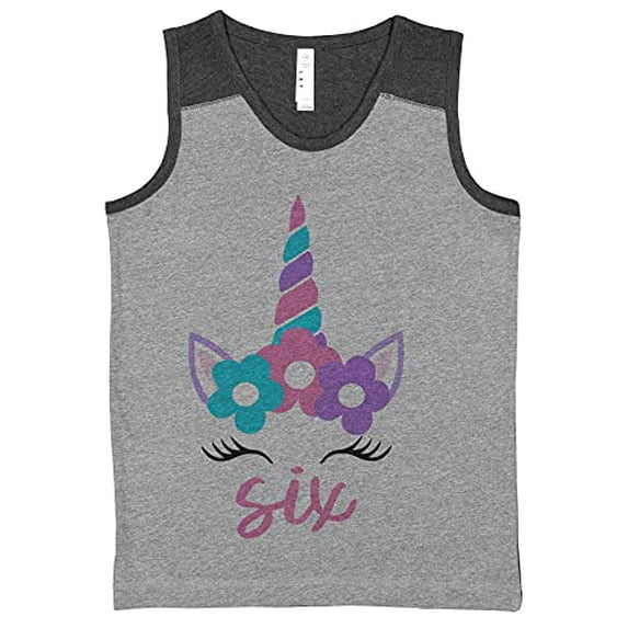 7 ate 9 Apparel Girl's Six Unicorn Birthday 6 Magical Party 6th Grey Contrast Tank Top