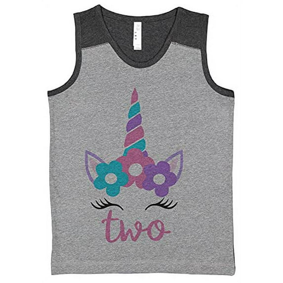 7 ate 9 Apparel Girl's Two Unicorn Birthday 2 Magical Party 2nd Grey Contrast Tank Top