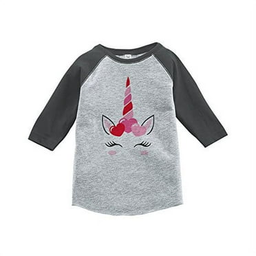 7 ate 9 Apparel Girl's Valentine's Day Unicorn Grey Baseball Tee