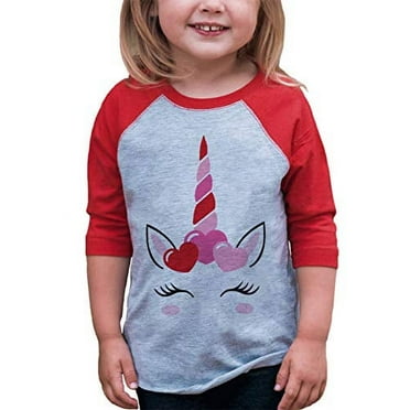 7 ate 9 Apparel Girl's Valentine's Day Unicorn Red Baseball Tee