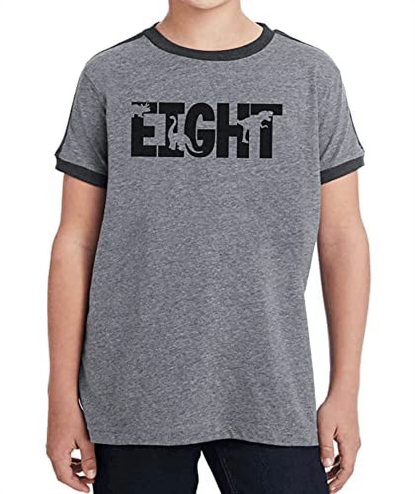 7 ate 9 Apparel Kids 8th Dinosaur Dino Birthday Shirt for Boys 8 Year Old 8th Eight Grey Ringer Tee