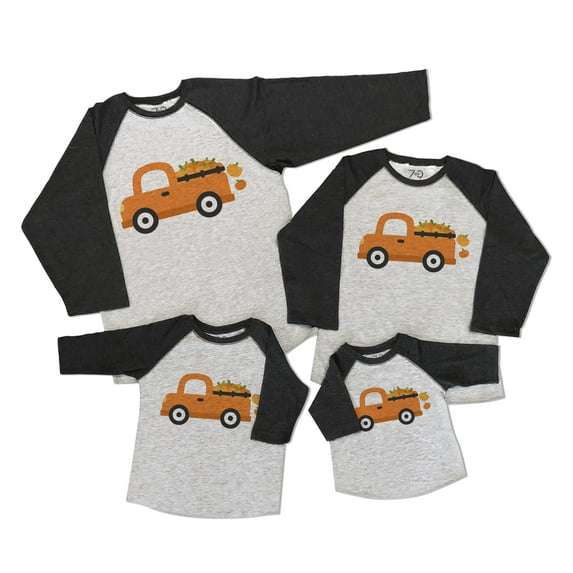 7 ate 9 Apparel Matching Family Happy Halloween Shirts - Vintage Truck Shirt - Pumpkin Patch Truck - Grey Shirt Women's Large