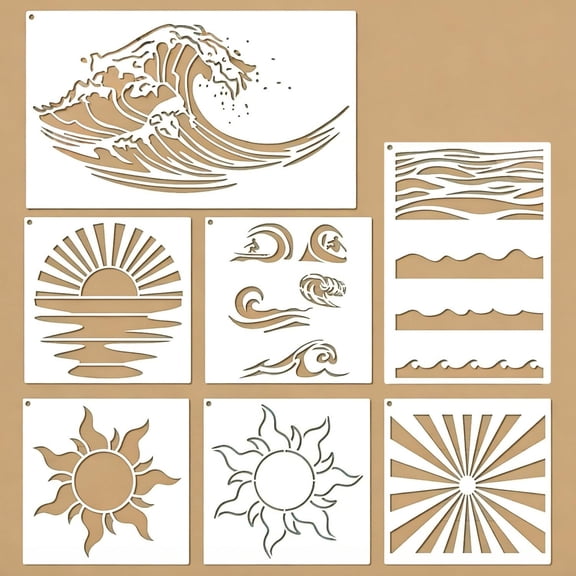 7 count Beach Wave Stencils for Painting Plastic Nautical Sunrays Stencils Drawing Templates for Crafts DIY Wall Canvas Notebook Knit Card