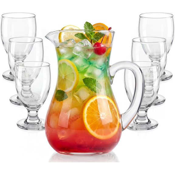 7 count Glasses Pitcher Drinkware Set 40 oz Pitcher Carafe and 6 Tall Drinking Beverage Set, Jug with Lid and Spout for Juice, Iced  or Water (Gourd Style)