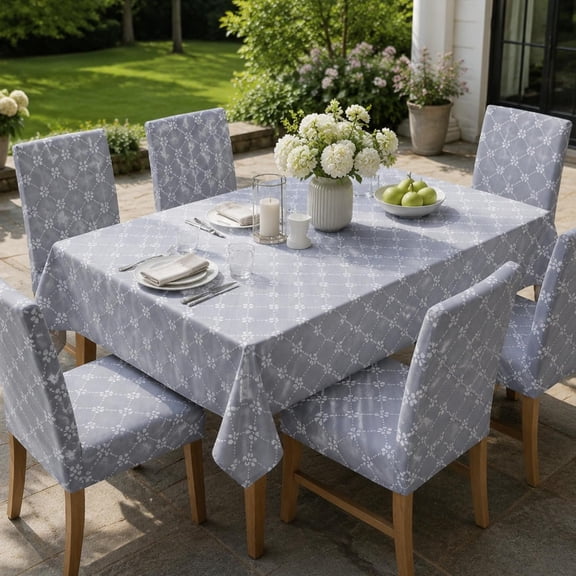 7 count Gray Floral Tablecloth and Chair Covers Set Rectangular Table Cover with Stretch Chair Slipcovers for Dining Room Patio Parties