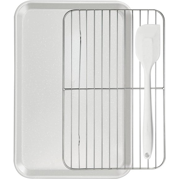 7 count Nonstick Baking Sheet Set - 10x15in Pan with Wire Rack, Spatula & 4 Cookie Cutters, Thickened Carbon Steel, Oven Safe 450?C, Salted Gray