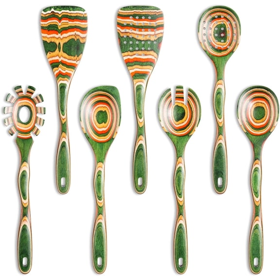 7 count Pakkawood Kitchen Utensils Set for Cooking, Wooden Spoons for Cooking, Safe , Non-Stick, Wooden Utensil for Cooking,Wooden Cookware Set, Housewarming Kitchen Gifts, Green