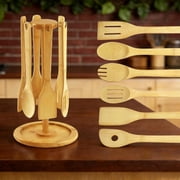 7 count Wooden Kitchen Cooking Utensils Set Spoons for Eating Appliances and Gadgets with Holder, and Kitchen Essentials Gifts for People Who Love to Cook