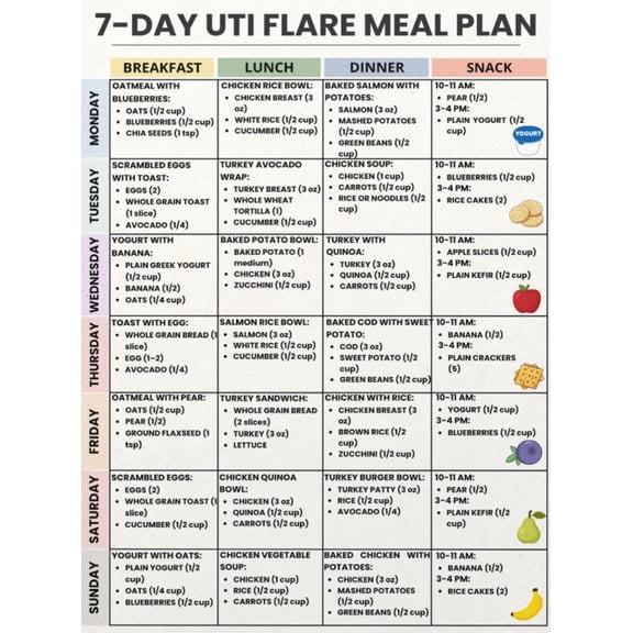 7-day Urinary Tract Infection Diet Plan Poster, Bladder Infection Diet Plan, Cystitis Food Menu Poster, What To Eat For Urinary Tract Infection Outbreaks, Urinary Health Diet Poster
