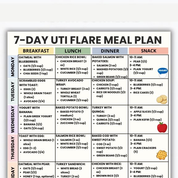 7-day Urinary Tract Infection Diet Plan Poster, Bladder Infection Diet Plan, Cystitis Food Menu Poster, What To Eat For Urinary Tract Infection Outbreaks, Urinary Health Diet Poster poster