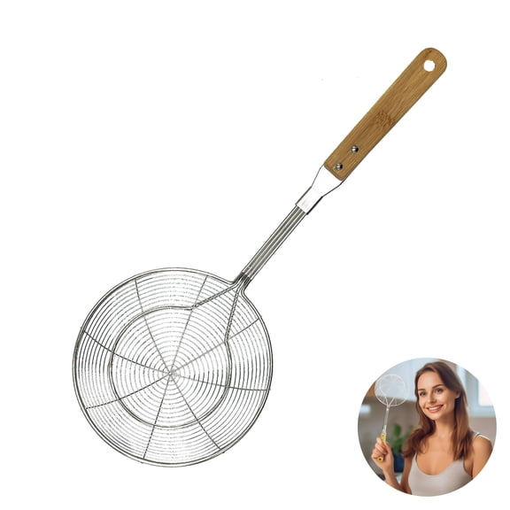 7 diameter fine mesh strainer. Bamboo handle, premium stainless steel. Colander, spider strainer, sifter, skimmer spoon. For vegetables, pasta, tea.