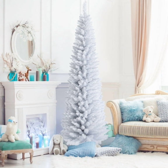 7 ft Artificial Christmas Pencil Tree, Slim White PVC Holiday Tree with 436 Branch Tips, Thickened Branches and Folding Metal Stand for Home Office Corner Party Decor