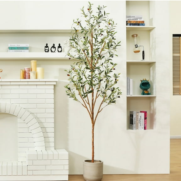 7 ft Artificial Olive Plants with Realistic Leaves and Natural Trunk, Silk Fake Olive Tree in Black Plastic Pot, Faux Olive Tree for Office Home