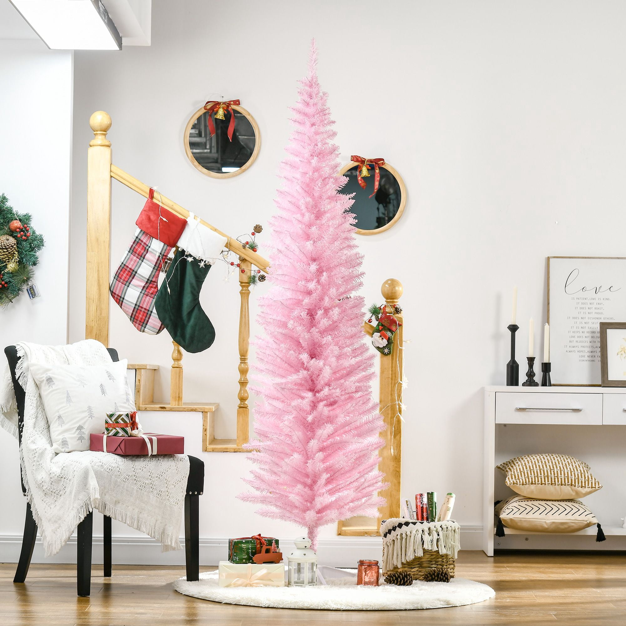 7 ft Artificial Pencil Christmas Tree, Slim Unlit Xmas Tree with 499 Branch Tips and Plastic Stand for Small Rooms and Apartments