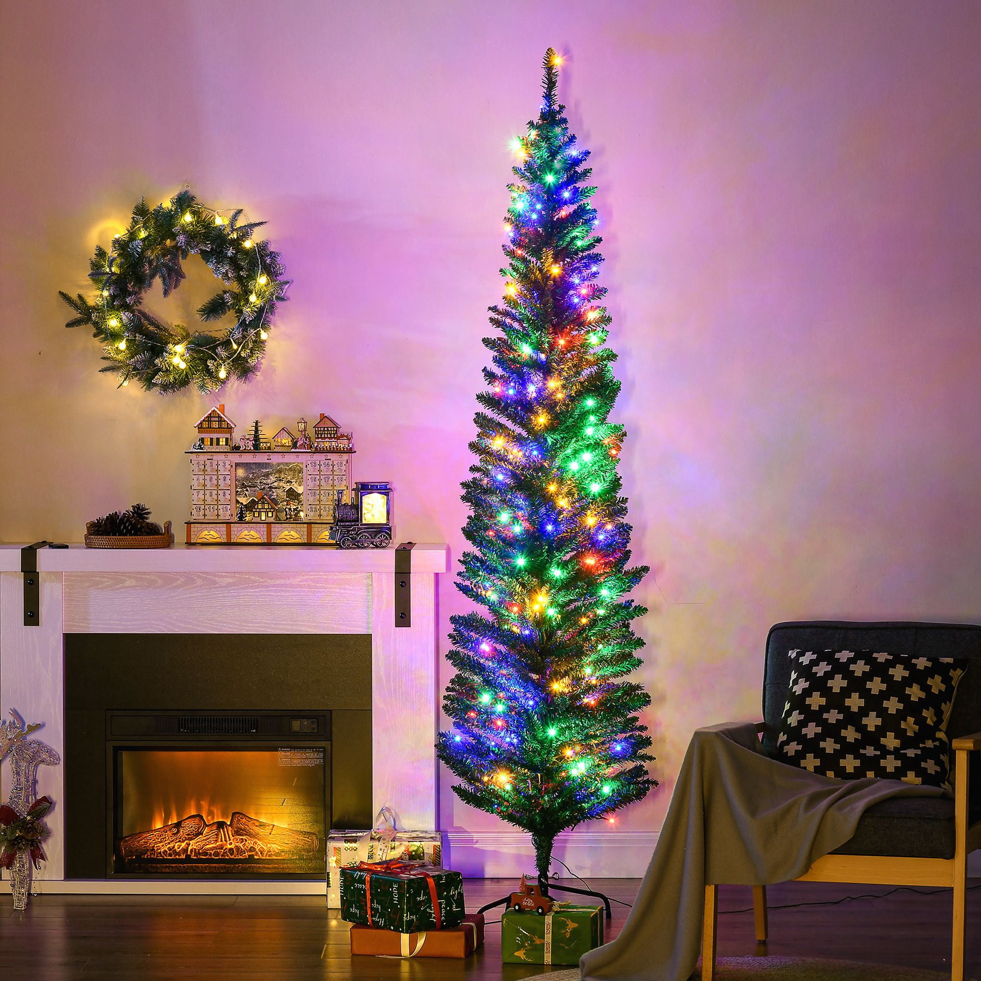 7 ft Artificial Pencil Christmas Tree with Colorful LED Lights, Steel Base, Skinny Shape, Indoor Holiday Decoration