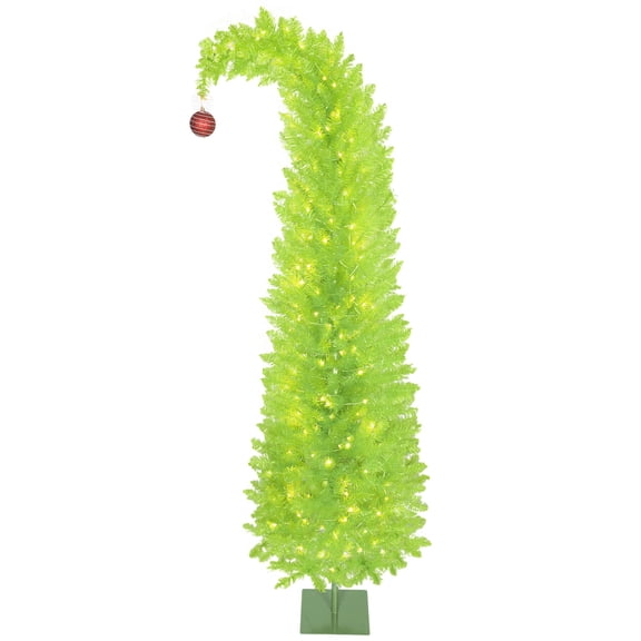 7 ft Bent Top Whimsical Christmas Tree Pencil Xmas Tree with Red Ball Metal Base Prelit with 250 LED Lights