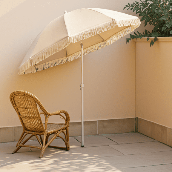 7 ft Boho Fringe Patio Umbrella with 30-Degree Push Button Tilt, 2-Section Portable Outdoor Beach Shade Umbrella, Beige