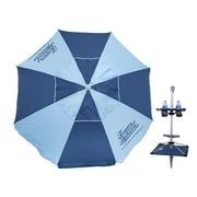 7 ft Fiberglass Tommy Bahama Beach Umbrella for Sand with Folding Anchor Base, Integrated Table, Telescopic Aluminum Pole, UPF 50+, Tilt