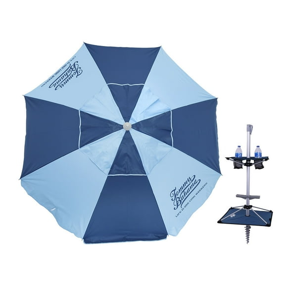 7 ft Fiberglass Tommy Bahama Beach Umbrella for Sand with Folding Anchor Base, Integrated Table, Telescopic Aluminum Pole, UPF 50+, Tilt