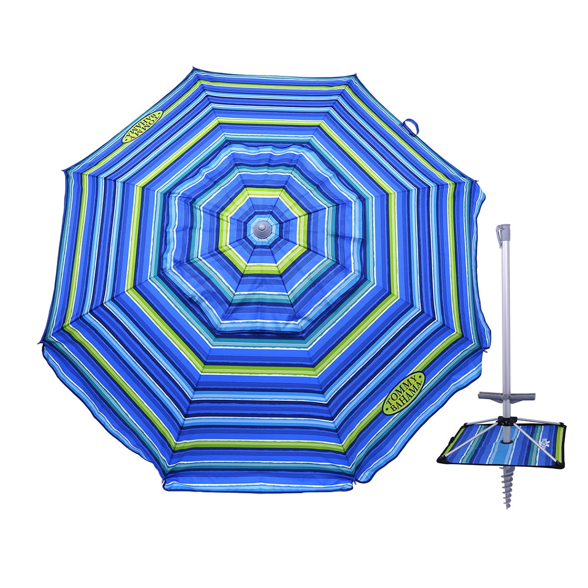 7 ft Blue and Green Striped Fiberglass Beach Umbrella with Telescopic Aluminum Pole