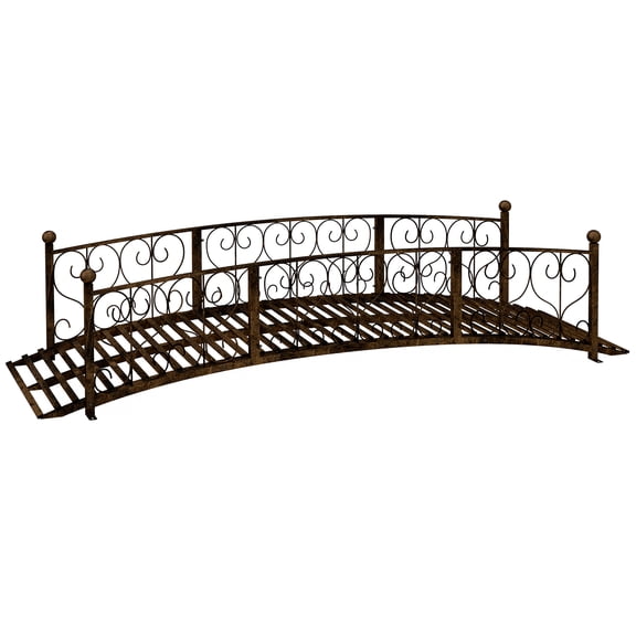 7 ft Metal Arch Garden Bridge Arc Footbridge with Side Railings Decorative Scrollwork, Bronze
