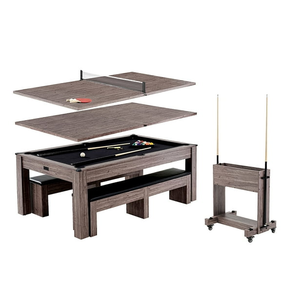 7 ft. Monteray Pool Table, 3-in-1 Dining Top, Table Tennis with Accessories, Brown, by Barrington Billiards