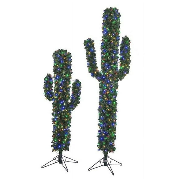 7 ft. PVC Holiday Cactus Trees - LED Lights, Multi Color LED Lights, Green