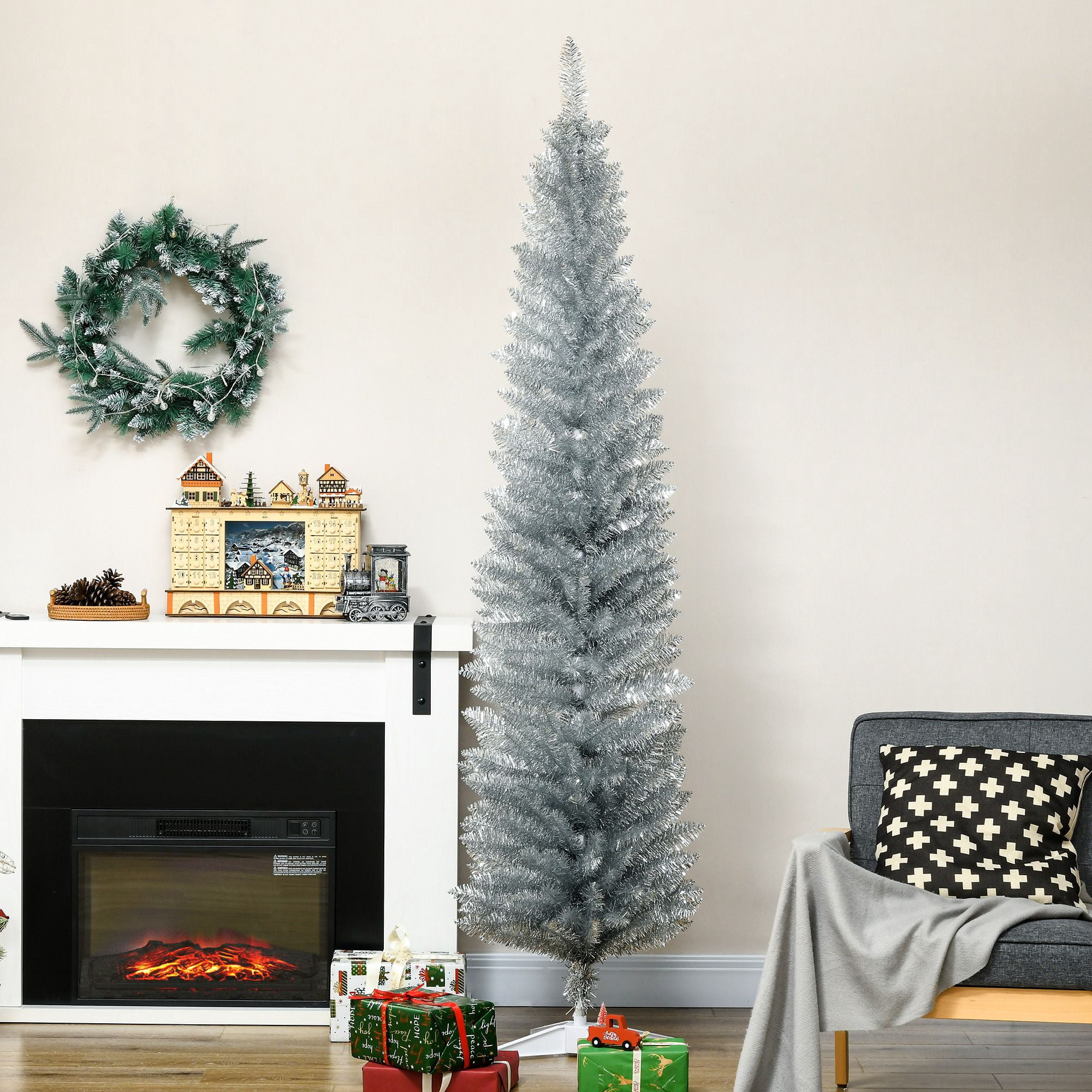 7 ft Pencil Christmas Tree with 499 Branch Tips and Plastic Stand, Slim Unlit Artificial Holiday Tree for Small Rooms and Apartments