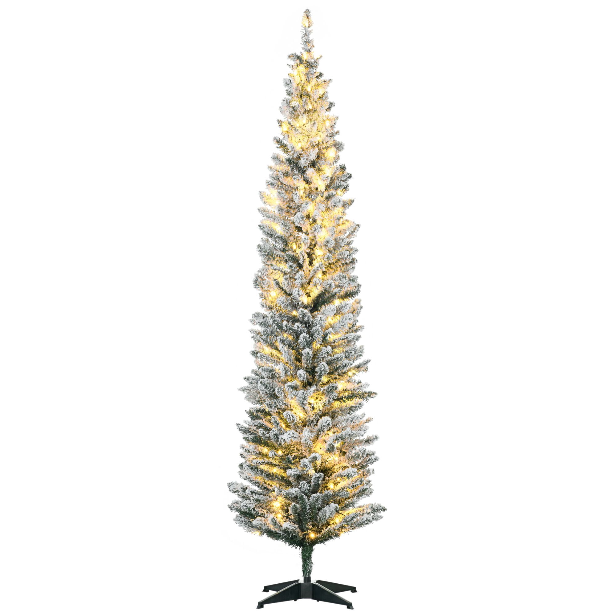7 ft Pencil Christmas Tree with Warm White LED Lights, Slim Artificial Holiday Tree for Small Spaces, 499 Tips, Indoor Use