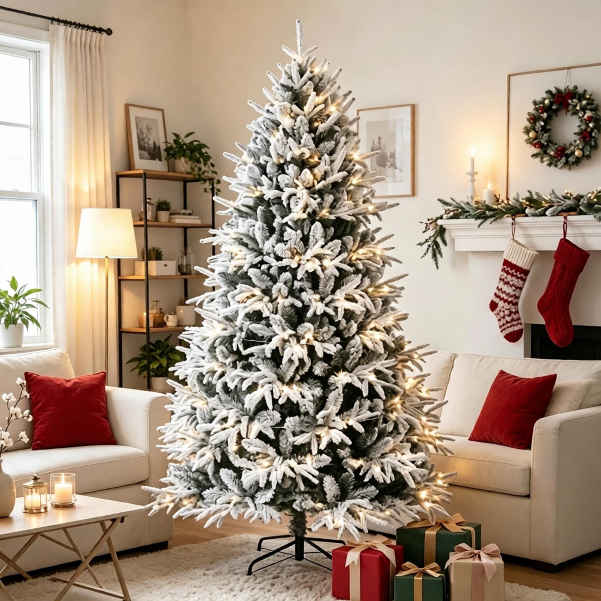 7 ft Pre-Lit Flocked Christmas Tree with 350 Warm White LED Lights, 2679 Tips, Hinged Design, 53.1 in Diameter, Indoor Holiday Decoration