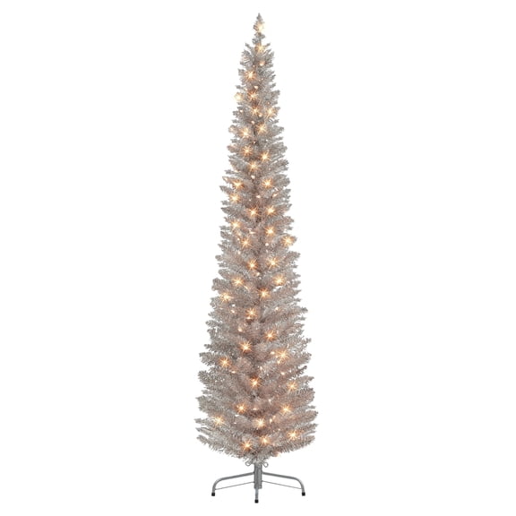7 ft Pre-Lit Rose Gold Tinsel Artificial Tree