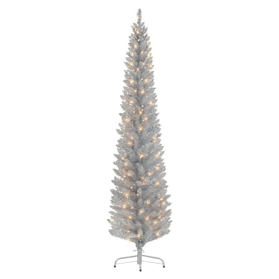 7 ft Pre-Lit Silver Tinsel Artificial Tree