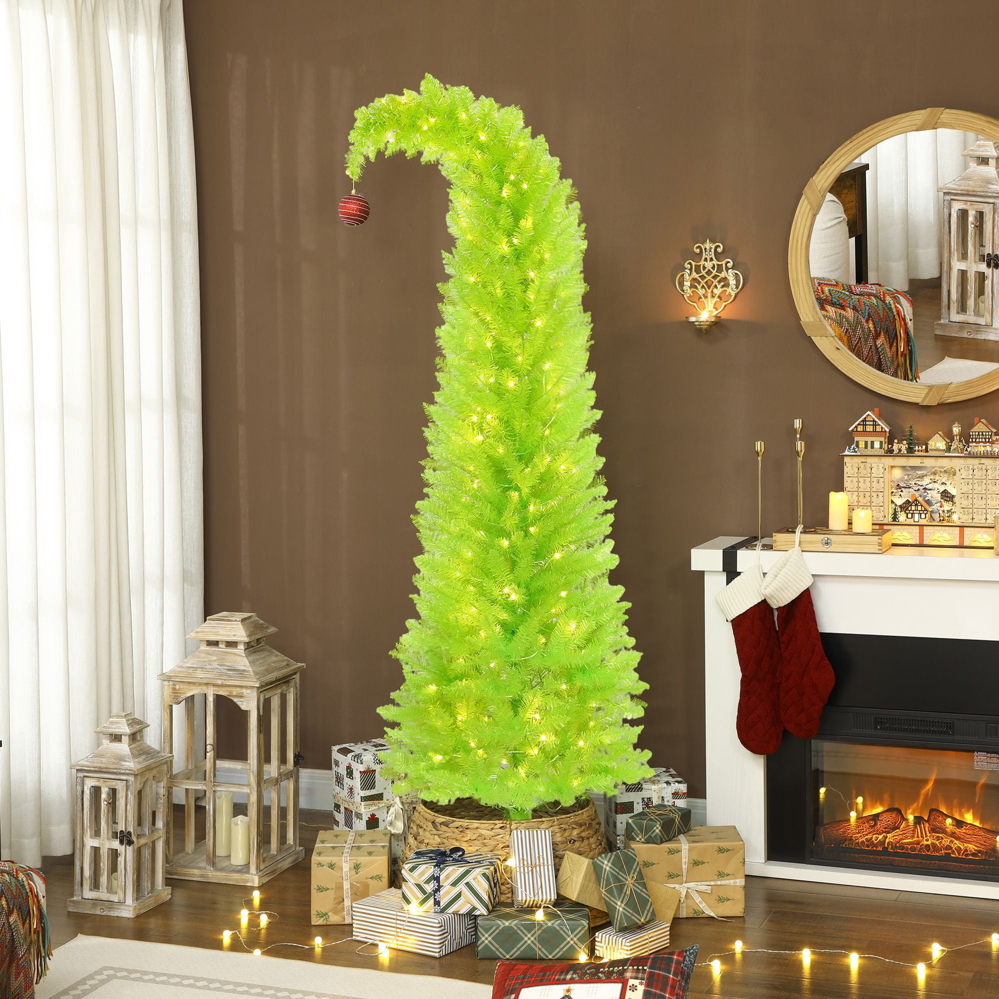 7 ft Prelit Pencil Christmas Tree with 250 Warm White LED Lights, 628 Tips, Bent Top with Red Ball, Slim Artificial Xmas Tree for Small Spaces and Apartments