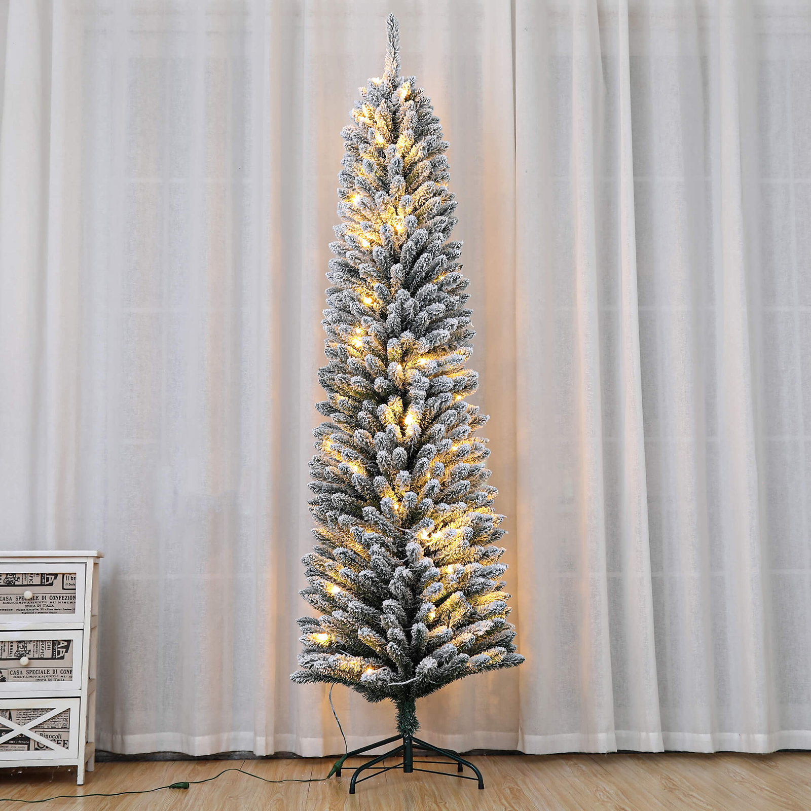 7 ft Prelit Snow Flocked Artificial Pencil Christmas Tree with 150 Warm