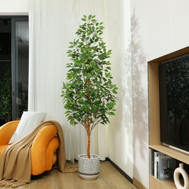 7 ft Realistic Artificial Ficus Tree in Pot, Natural Trunk, Lush Leaves
