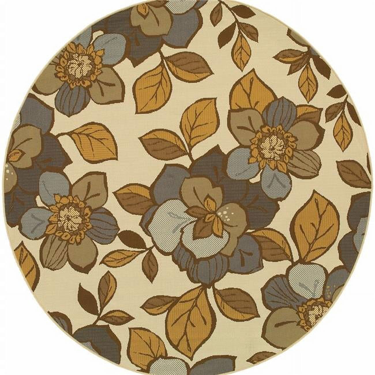 7 ft. Round Ivory Gray Large Floral Blooms Indoor & Outdoor Area Rug ...