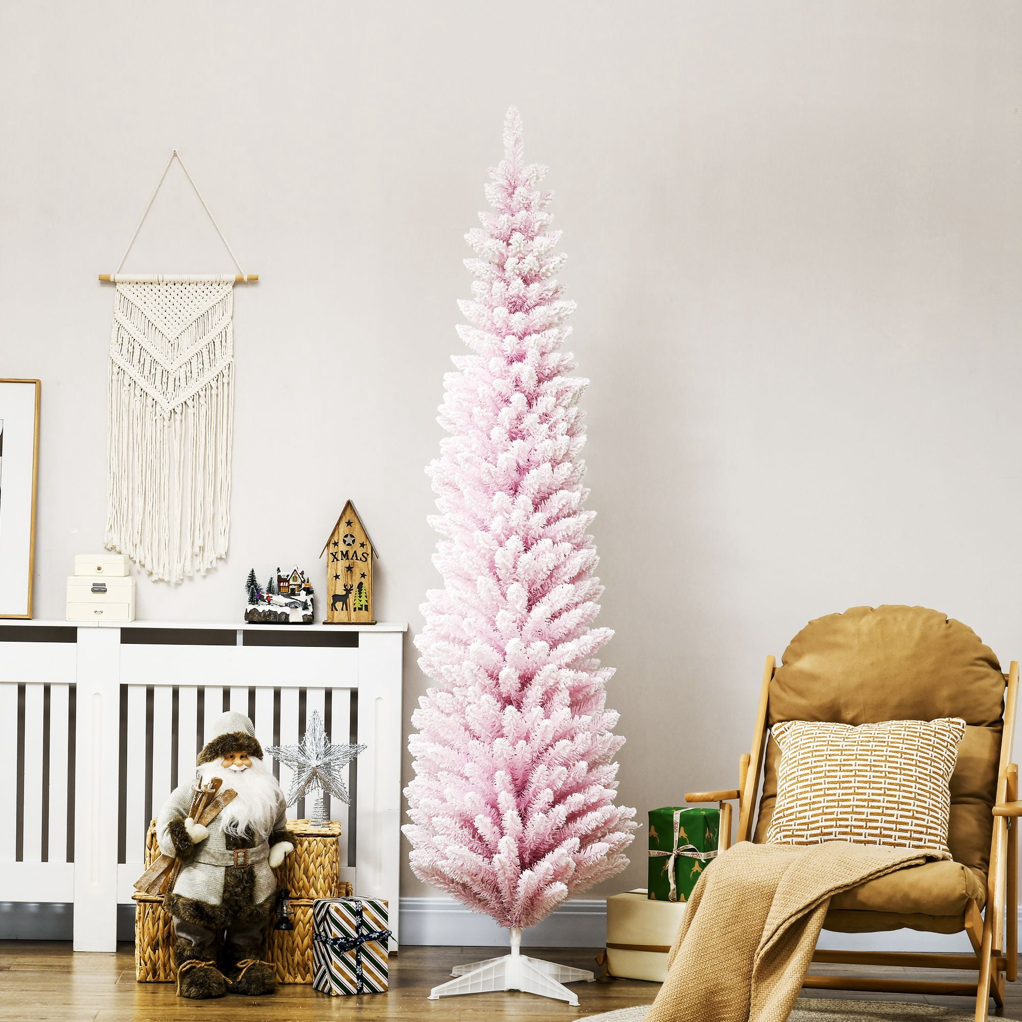 7 ft Snow Flocked Artificial Christmas Tree, Pencil Shape with 499 Realistic Tips, Slim Indoor Holiday Tree for Small Spaces