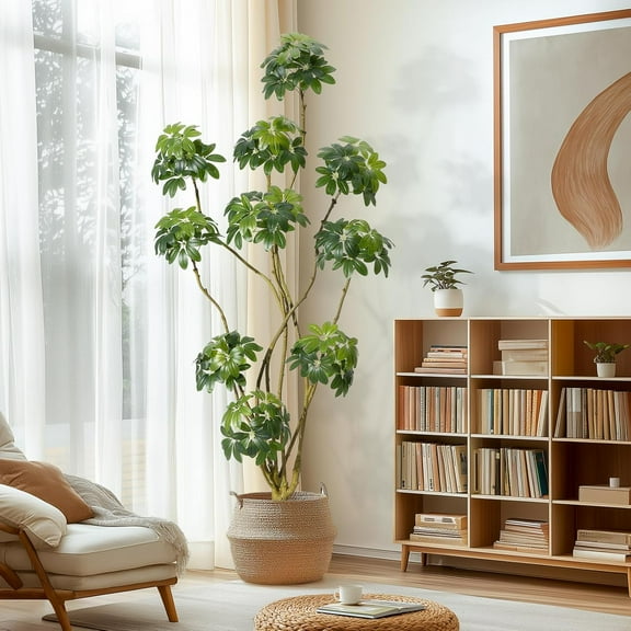 7 ft Tall Fake Plant Indoor,Faux Floor Tree Fake Trees in Decorative White Planter with Multiple Trunks Design, Artificial Umbrella Schefflera Tree for Home Offices Porch Decor