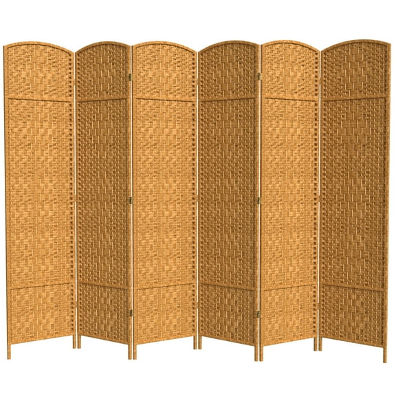 7 ft. Tall Rattan Fiber Diamond Weave Privacy Screen Room Divider - Light Beige - 6 Panels