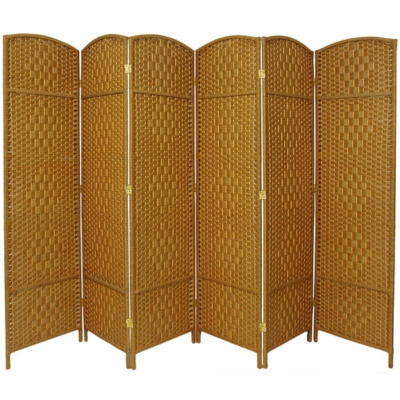 7 ft. Tall Faux Rattan Fiber Diamond Weave Privacy Screen Room Divider - Light Beige - 6 Panels