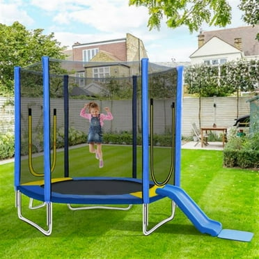 7 FT Trampoline for Kids Age3-12, SHINPT Round Recreational Trampolines with Safety Enclosure Net, Mini Outdoor Trampoline with Slide and Ladder, Easy Assembly, Outdoor, Indoor