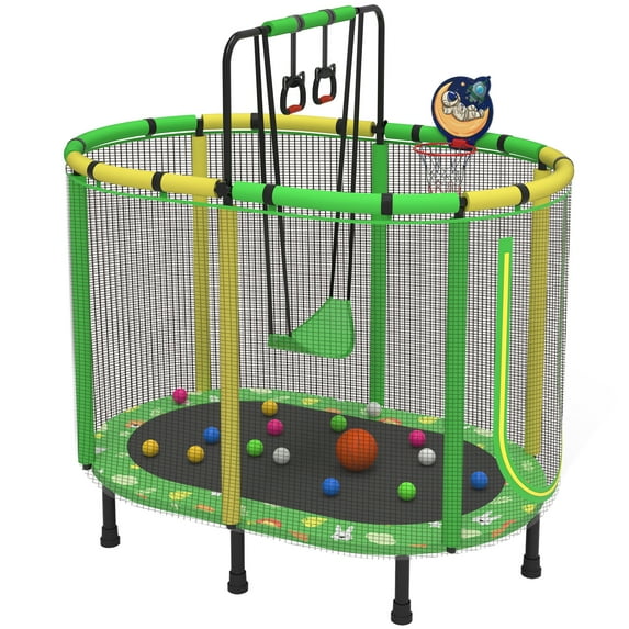 60" Trampoline for Kids Age3-12 with Basketball Hoop, SHINPT Recreational Trampolines with Safety Enclosure Net, Mini Outdoor Trampoline with Swing, Easy Assembly, Outdoor, Indoor