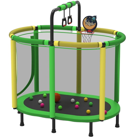 60" Trampoline for Kids with Basketball Hoop, SHINPT Recreational Trampolines with Safety Enclosure Net, Mini Outdoor Trampoline with Adjustable Gymnastics Bar, Easy Assembly, Outdoor, Indoor