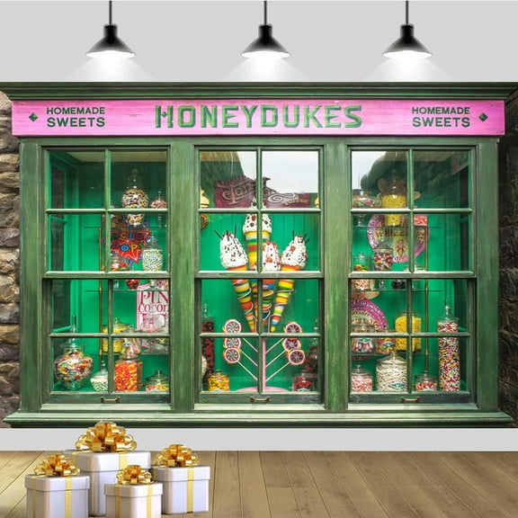 7 ft x 5 ft Green Candy Land Honeydukes Shop Birthday Backdrop – Magical Sweet Shop Theme Decoration for Kids Birthday Parties, Ideal for Candy and Dessert Celebrations