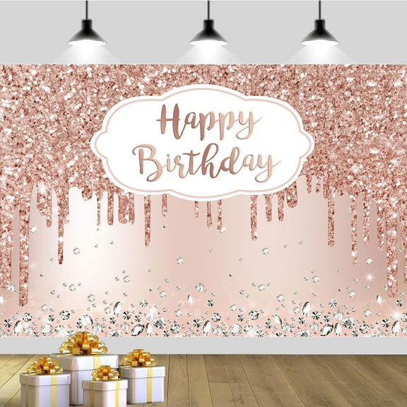 7 ft x 5 ft Rose Gold Glitter Diamond Birthday Backdrop – Elegant Girl's Party Decoration, Perfect for Sparkling Milestone Events and Photos